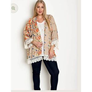 Umgee Floral Lace Crochet Open Front Duster Cardigan Kimono Top Boho Size S/M